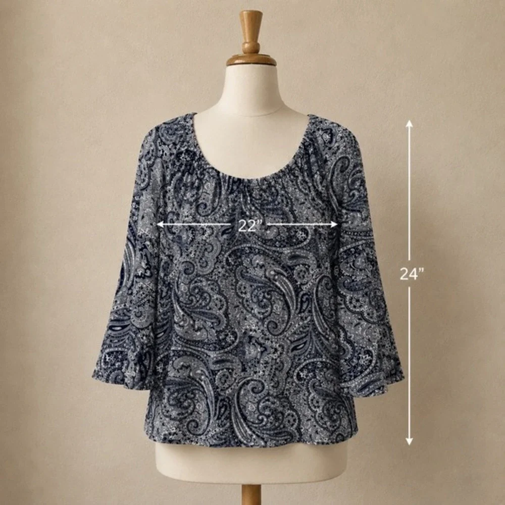 Michael Kors Navy White Paisley Tunic Blouse Top 3/4 Bell Sleeve Peasant M